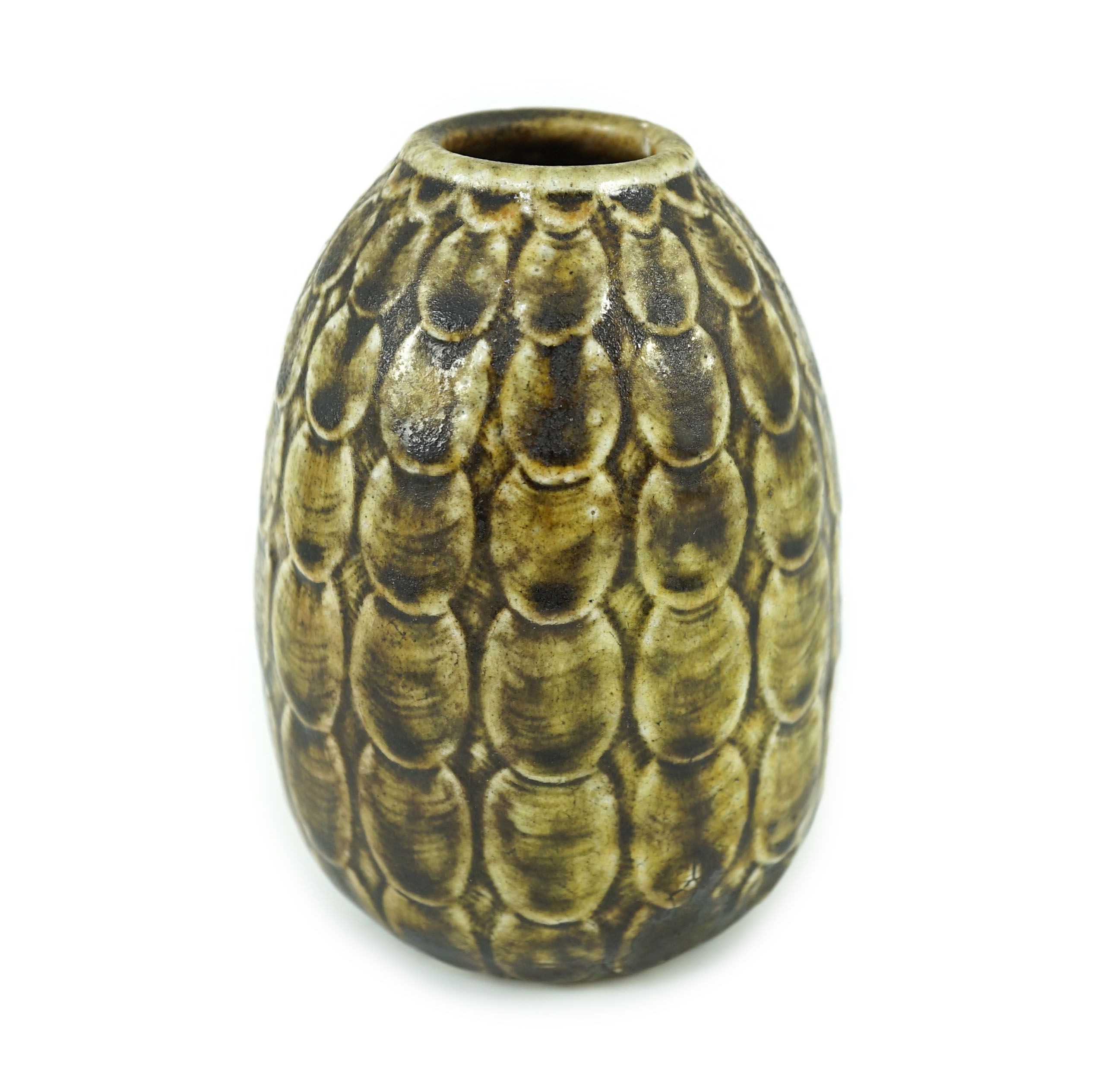 A Martin Brothers scale pattern ovoid small vase, dated 1910, 13.5 cm high